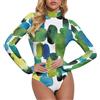 Buewutiry Body da donna a maniche lunghe, modello astratto verde brillante, collo alto, tuta, da donna, stile-41, XL