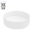 LuxeBath Lavabo per Bagno d' Appoggio Ø 355 x 120 mm in Ceramica Bianca incl. Piletta Set di Scarico 1 1/4'' per Lavandini senza Troppopieno Lavello Rotondo Lavamani Sanitari per Bagno