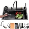 HZKSINNK 85x50cm Lavello da cascata nero, multifunzionale Lavello Cucina 1 Vasca in Acciaio Inox, con Rubinetto Estraibile, sifone e Set di Drenaggio, e vari accessor, lavello domestico set
