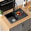 ANYCEE 65x45 cm Lavello Cucina 1 Vasca con Gocciolatoio, Lavello Nero in Granito per Mobile di Base di Oltre 40cm, Lavandino Cucina 1 Vasca Nero con 80% Sabbia di Quarzo, Troppopieno e Sifone