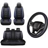 Car Passion Set Coprisedili Anteriori e Posteriori con Poggiatesta + Coprivolante Auto Universale in Ecopelle Sportiva Blu/Nero - Compatibile con Volanti 37-38 cm - Facile da Installare