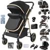 Aveainelle Passeggino 3 in 1, Trio Neonati da Viaggio Reversibile, Passeggino Pieghevole One-Click e Accessori Completi, Doppia Modalità di Freno per Ruote Anteriori e Posteriori (Black)