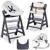 hauck Seggiolone Beta+ Newborn Set Premium da 0 Mesi - Seggiolone Legno Evolutivo, con Sdraietta Neonati (Dondolo Neonati), Cuscino Seduta, Vassoio - (Sdraietta: Grigio chiaro, Grigio scuro)