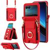 Generic Custodia a portafoglio pieghevole in pelle per Motorola Razr 50, slot elastico, supporto girevole a 360°, cinturino da polso rimovibile e cordino regolabile per donna (rosso)