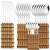 MYDESIDY Set di stoviglie da 24 Pezzi Set di Posate in Acciaio Inossidabile con Manico in bambù Set di Posate Stoviglie Coltello da Bistecca Posate