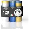 G.M. DISTRIBUZIONE KIT GM 120 Sacchi Spazzatura Con Maniglie: 40 GIALLI, 40 TRASPARENTI, 40 AZZURRI, Misura 70x110 cm, Capacità 110 Litri, Sacchetti per Raccolta Differenziata Antigoccia, 12 Rotoli da 10 Pezzi