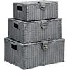 HOMCOM Set di 3 Cesti in Vimini PP con Coperchio, Contenitori Rettangolari di Diverse Dimensioni, Grigio