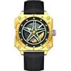 Forrader Orologio da uomo con ruota per auto, quadrato, al quarzo, impermeabile, sportivo, in acciaio inox, con design con mozzo girevole 3D, regalo per gli appassionati di auto, Nero e oro.