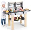 COSTWAY Set di Gioco per Barbecue in Legno per Bambini, Gioco di Griglia per Bambini con 2 Grill, Coperchi Ribaltabili, Ricchi Accessori e Cibi Giocattolo, per Bambini 3+ Anni