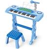 Baroni Toys Tastiera Elettronica con Sgabello per Bambini 3+ Anni con Microfono, Pianola Musicale con Melodie e Suoni Educativi, Tastiera 37 Tasti con Sedia Azzurra, 48x20x53cm