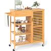COSTWAY Carrello da Cucina in Bambù con Ruote e Cassetto, 3 Ripiani Aperti | Carrello da Portata per Sala da Pranzo con Armadietto e Portasalviette, 91 x 44 x 89 cm