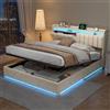 KRYZOR Letto Contenitore 140x200 Matrimoniale, Letto Imbottito in Velluto con LED RGB e Presa USB, Testiera con Mensola Portaoggetti, Struttura Letto Moderna, Beige