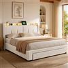 MGMYM Letto matrimoniale imbottito 160 x 200 cm, letto idraulico funzionale con testiera con illuminazione USB e LED, Letto contenitore con rete a doghe,velluto (Bianco sporco)