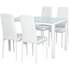HOMCOM Set 5 Pezzi con 1 Tavolo e 4 Sedie per Cucina o Sala da Pranzo in Finta Pelle, Metallo e Vetro Temperato, Bianco