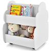 HOMASIS Libreria giocattolo per bambini, con 2 scomparti, in legno, con 4 ruote, per cameretta dei bambini, sala giochi e asilo (bianco), DZ10133
