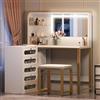 MISNODE Tavolo da toeletta con specchio a LED, 3 colori, tavolino bianco con specchio e sgabello, tavolo angolare con 5 cassetti, scomparto multipiani, tavolo da trucco mobili per camera da letto (bianco)