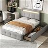 Dalred Letto imbottito 90 x 200 cm con luci a LED, 2 cassetti, imbottitura in lino delicata sulla pelle, letto singolo, letto per ragazzi (grigio)