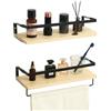 Gio Arreda Mensole da Muro Design Moderne, Set 2 Pezzi Mensole da Muro in Legno con Portasciugamani e Ganci, Mensole Sospesa da Parete Rustico per Cucina, Bagno, Salotto, Ufficio (Legno)