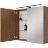 Planetmöbel ARIA Armadio a specchio con illuminazione | 80 x 70 x 16 cm, Armadietto da bagno sospeso con specchio, Rovere dorato, con lampada e presa elettrica, per bagno ospiti
