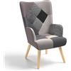 IDMarket - Poltrona scandinava IVAR in tessuto patchwork nero, grigio e bianco