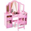 RELAX4LIFE Toeletta per Bambini con Specchio, Specchiera per Ragazzi in Legno Robusto, Tavolo da Trucco con Ampio Spazio di Stoccaggio (Toeletta + Sgabello + Cassetti, Rosa)