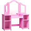 LIFEZEAL Tavolo da toeletta per bambini con specchio e ripiani, tavolo per trucco in legno con 4 scomparti, 2 specchi pieghevoli e rimovibili, carico di 100 kg, design 2 in 1 (rosa-A)