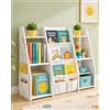 Amveya Scaffale Portagiochi Bambini in Legno e Tessuto, Libreria Montessori a 4 Ripiani, Mensole Cameretta per Libri e Giochi, 97.5x30x76 cm, Bianco