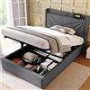 Lexiou Letto imbottito singolo, contenitore per letto con funzione di ricarica USB tipo C, testiera, letto in materiale di lino, 90 x 200 cm, con rete a doghe (grigio)