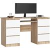 AKORD | Scrivania Con Ripiano per Tastiera | Office Desk | 6 Cassetti (2x3) | Scrittoio per Ufficio | Per Computer PC Laptop | 135 x 77 x 50 cm, 60 kg | Rovere di Sonoma + Bianco Anteriori