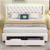 KeepGoon Letto trapuntato 140x190cm con LED e porta USB, letto matrimoniale, 2 cassetti in fondo al letto, letto con testiera e rete a doghe, design rivet, 2 piccole tasche di stivaggio, velluto, letto per