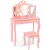 LIFEZEAL toeletta 2 in 1 per bambini con sgabello e cassetto, tavolo da trucco BIMBI con triplo specchio e 9 luci a LED in 3 modalità, antiribaltamento per Ragazzi dai 3 anni in su (Rosa)
