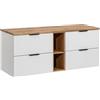 Lomadox Mobile doppio lavabo 140 cm bianco con rovere Nb., frontale scanalato, piano lavabo in rovere, 4 cassetti
