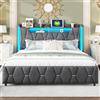 XMETPR Letto Matrimoniale Ricoperto 160x200cm, Cornice Funzionale con Illuminazione LED, 4 Cassetti, Testata a Strorage e Stazione di Carica 1 Type-C/2 USB, Listelli in Legno, Letto in Lino, Grigio