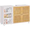 FORABAMB Armadio per lavabo, mobiletto da bagno con 2 ante in bambù, 3 scomparti aperti, ripiani regolabili in altezza, mobiletto per lavabo, extra lungo 30 x 90 x 60 cm