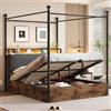 Idemon Letto matrimoniale multifunzionale in ferro battuto 140 x 190, con spazio per il letto sollevabile idraulico e baldacchino in ferro battuto, con pali rimovibili USB/Type-C, letto per adulti