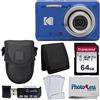 PHOTO4LESS Fotocamera digitale Kodak PIXPRO FZ55 (blu) + custodia nera per fotocamera + scheda di memoria SD Transcend da 64 GB + portafoglio per schede di memoria Tri-fold + lettore di schede SD USB ad alta