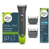 Veet Men Intimate Trimmer TOTAL PROTM, Rasoio elettrico uomo corpo e parti intime, 1 testina per zona intima e corpo e 2 pettini guida, Rifinitura precisa, Cordless + Crema 200 ml Pelli Sensibili