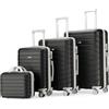 PROVITERA Set 4 Valigie Rigide in ABS con Beauty Case, Valigia con Manico Telescopico e Ruote Easy Roll, Trolley con Lucchetto e Serratura a Codice, Bagaglio a Mano Design Moderno (Nero)