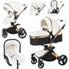 Aveainelle Pelle PU Passeggino 3 in 1, Trio Neonati da Viaggio Reversibile, Passeggino Pieghevole One-Click e Accessori Completi, Sedili Regolabili Rotanti 360° (906 White)