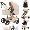 Mobayta Passeggino 3 in 1 neonati fino a 22KG passeggino compatto con maniglia regolabile passeggino cittadino Alluminio con paesaggio elevato combinazione passeggino trio (H9-Beige, H9)
