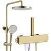 GLYYR Colonna Doccia Termostatica Oro Sistema, tocchi per Doccia Ottone Altezza Regolabile Sistema Doccia a Parete, Sistema di doccia a pioggia Miscelatore Doccia con 26cm Soffione, 3 Modalità Doccetta