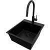 PRIMAGRAN Lavandino da Cucina Tutto Nero 43x50cm, Lavello in Granito a 1 vasca + Rubinetto 40x20cm + Set di accessori, Lavabo da Cucina Incasso al Mobile 45cm - Riga S144