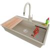 PRIMAGRAN Lavandino da Cucina Beige 88x53cm, Lavello in Granito a 1 vasca + Rubinetto 40x20cm + Set di accessori, Lavabo da Cucina Incasso al Mobile 90cm - Oslo 90 Pocket S468