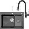 CECIPA 68x48 cm Lavello Nero Inox con Arco Rubinetto Cucina Estraibile, Lavandino Cucina Nero 1 Vasca Acciaio con Dispenser Sapone per Mobile da 70 cm