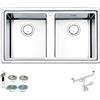 Fhuller Lavello Fhuller - da Incasso Semifilo 2 Vasche 86x50 cm - Acciaio Inox Spazzolato, Design Moderno con Piletta in Acciaio - Resistente, Igienico e Facile da Pulire - Foro Incasso 840x480 mm