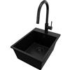 PRIMAGRAN Lavandino da Cucina Tutto Nero 38x50cm, Lavello in Granito a 1 vasca + Rubinetto 40x20cm + Set di accessori, Lavabo da Cucina Incasso al Mobile 40cm - Riga S054