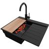 PRIMAGRAN Lavandino da Cucina Nero 62x50cm, Lavello in Granito a 1 vasca + Rubinetto 32x20cm + Set di accessori, Lavabo da Cucina Incasso al Mobile 40cm - Sydney Ergo S080