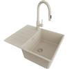 PRIMAGRAN Lavandino Angolare Tutto Beige 62x50cm, Lavello in Granito a 1 vasca + Rubinetto 40x20cm + Set di accessori, Lavabo da Cucina Incasso al Mobile 45cm - Copenhagen S214