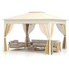 COSTWAY Gazebo Pieghevole 3,4 x 3,4 m con Zanzariera, Gazebo da Giardino con Tende Laterali, Tenda da Giardino Antivento Facile da Montare Resistente 210D con Borsa di Trasporto (Beige)