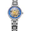 BOLYTE Orologio da donna automatico e manuale, quadrante scheletrato, fondello trasparente, cinturino in acciaio inox tempestato di cristalli con chiusura a farfalla, Argento - Blu Reale, Moderno